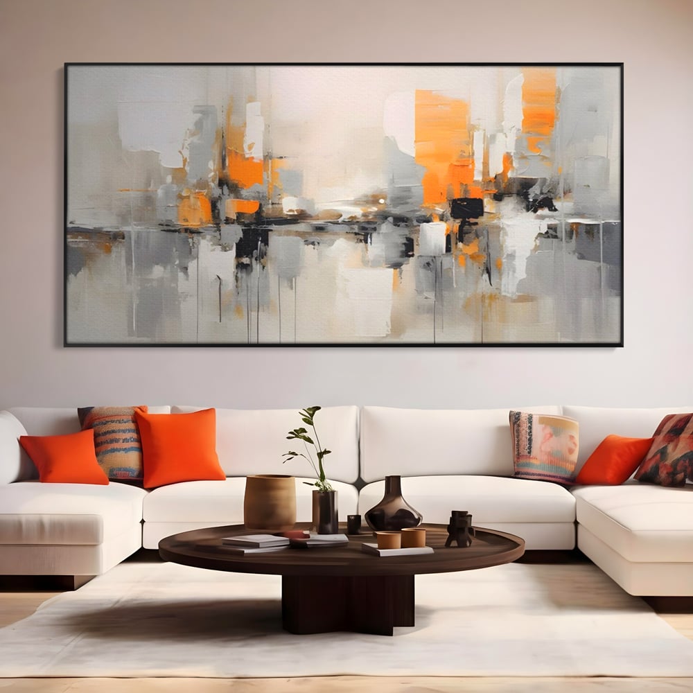 Tablou canvas cu pictura abstracta cu reflexii urbane, in rama de aluminiu negru, pe perete intr-un living